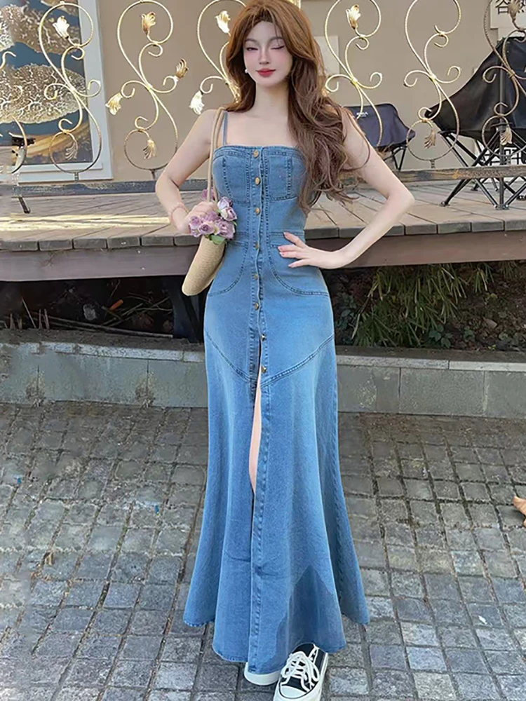Women Blue Denim Chic Sling Sexy Ruffled Long Dress 2026 Korean Elegant Bodycon Prom Dress Spring Summer Casaul Holiday Dresses
Women Blue Denim Chic Sling Sexy Ruffled Long Dress 2026 Korean Elegant Bodycon Prom Dress Spring Summer Casaul Holiday Dresses