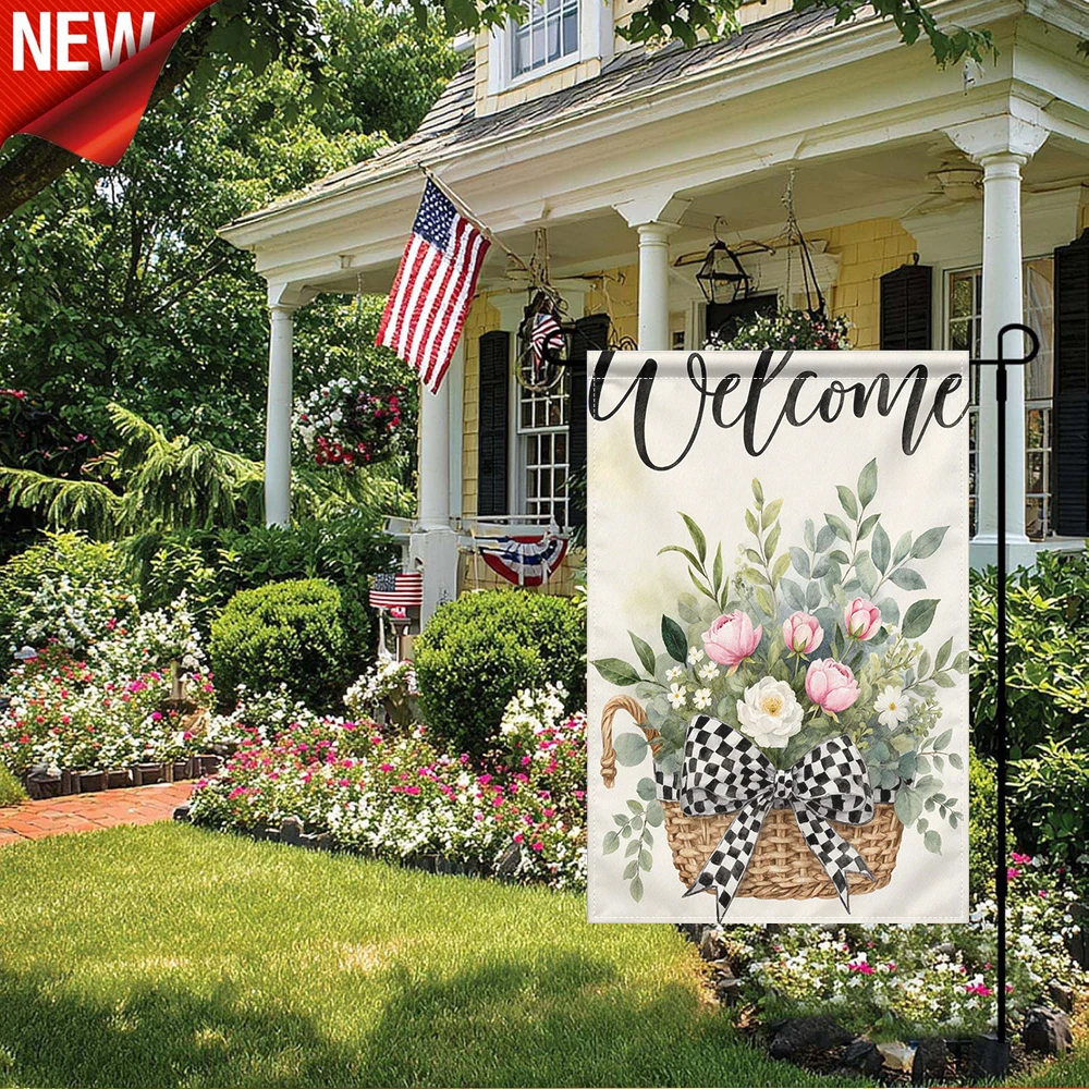 1PC, Welcome Floral Garden Flag Pink Peony White Daisy Eucalyptus Woven Basket Checkered Bow Design Double Sided Outdoor Decorative Flag for Yard Patio Porch Farmhouse Spring Summer Seasonal Holiday Welcome Flag Weather Resistant
1PC, Welcome Floral Garden Flag Pink Peony White Daisy Eucalyptus Woven Basket Checkered Bow Design Double Sided Outdoor Decorative Flag for Yard Patio Porch Farmhouse Spring Summer Seasonal Holiday Welcome Flag Weather Resistant