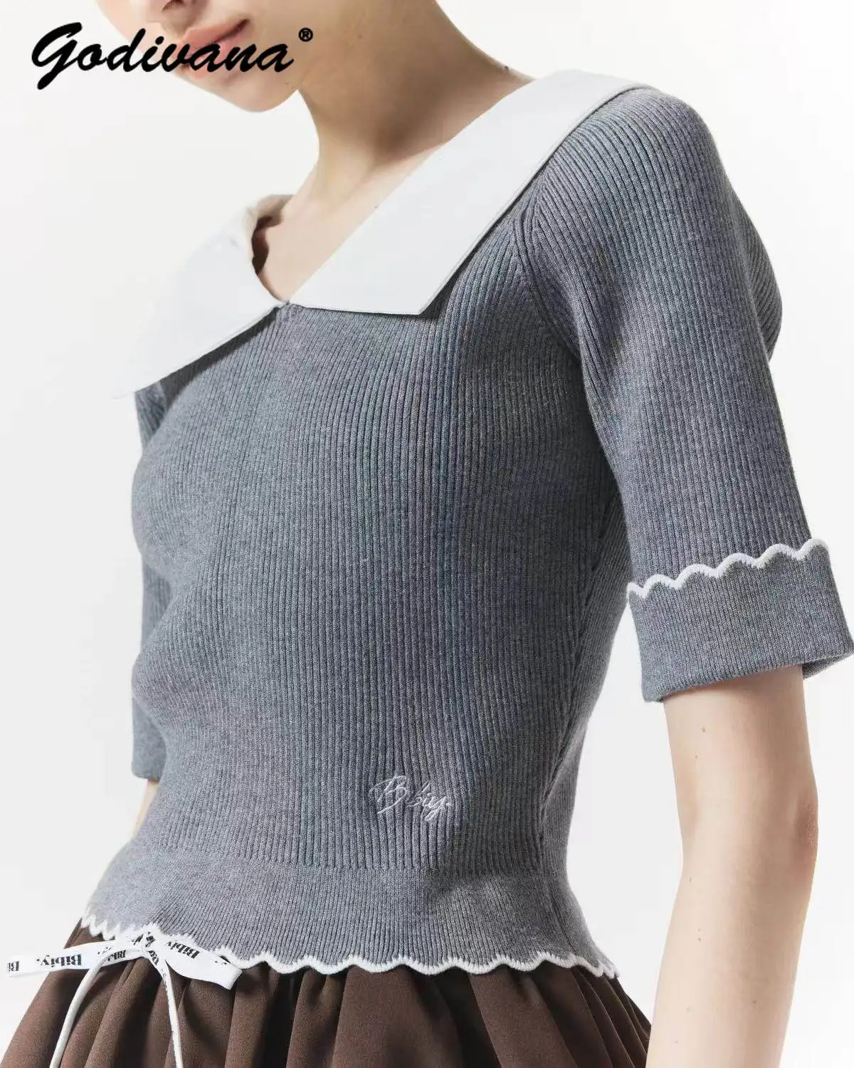 Japanese Style Female Small Lapel Knit T-Shirt Spring and Summer New Short Sleeve Casual Letter Embroidered Knitted Shirt Tops
Japanese Style Female Small Lapel Knit T-Shirt Spring and Summer New Short Sleeve Casual Letter Embroidered Knitted Shirt Tops