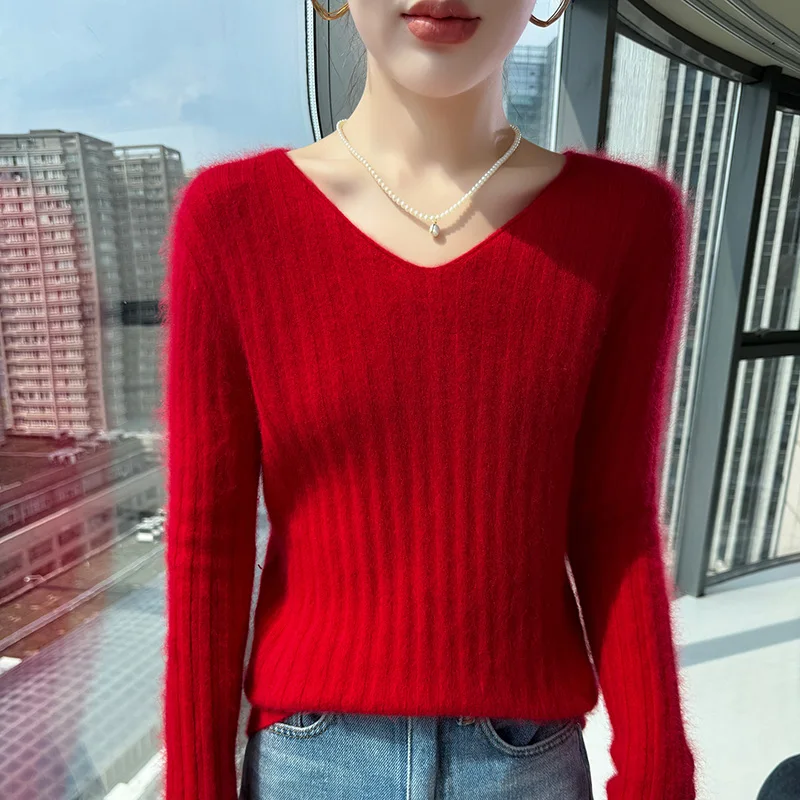 Autumn Winter New Solid Color 100% Mink Cashmere Sweater Women V-Neck Striped Slim Fit Short Pullover Knitted Base Shirt
Autumn Winter New Solid Color 100% Mink Cashmere Sweater Women V-Neck Striped Slim Fit Short Pullover Knitted Base Shirt