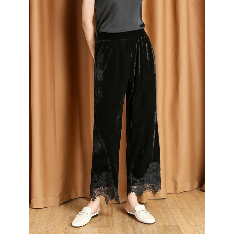 Autumn Ankle-Length Velvet Trousers Women Elegant Lace Patchwork Straight Pants Elastic Waist Loose Fit Pant Soft
Autumn Ankle-Length Velvet Trousers Women Elegant Lace Patchwork Straight Pants Elastic Waist Loose Fit Pant Soft