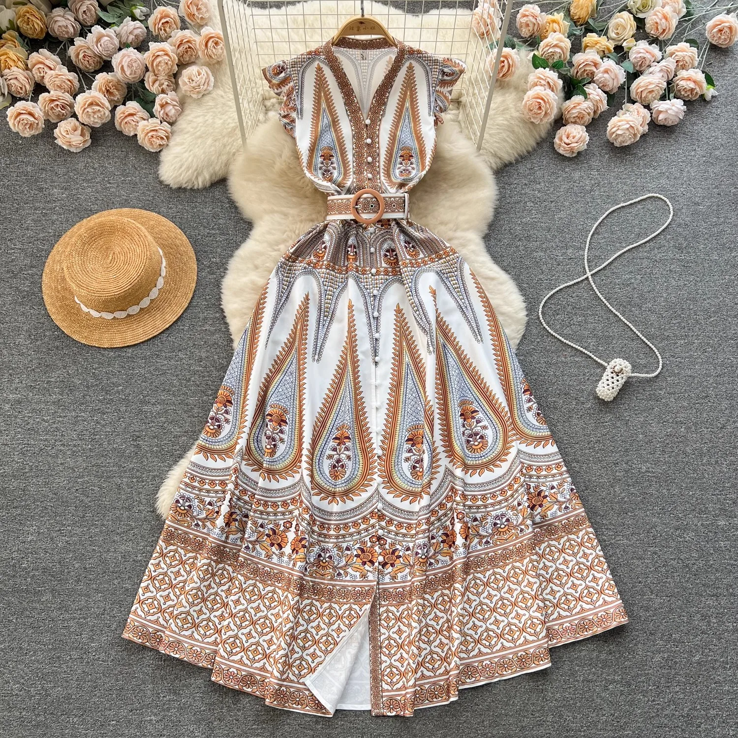 Summer Fashion Runway Maxi Dress Women's Sleeveless Ruffles Single Breasted Belt Vintage Printed Long Party Vestidos 2408
Summer Fashion Runway Maxi Dress Women's Sleeveless Ruffles Single Breasted Belt Vintage Printed Long Party Vestidos 2408