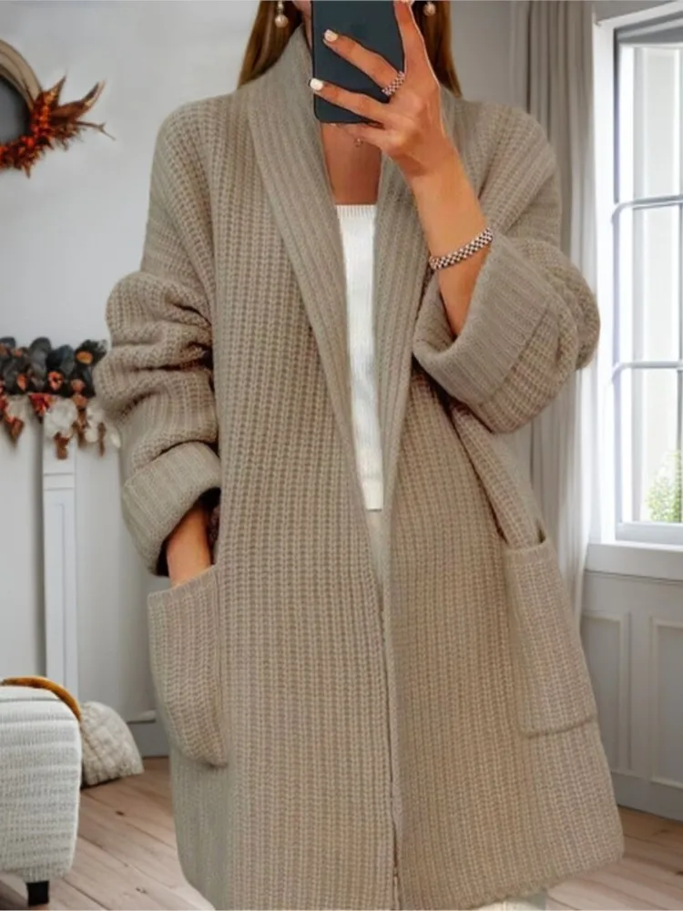 Knitted Cardigan For Woman Fashion Solid Color V-neck With Pocket Loose Long Elegant Sweater Autumn Winter Lady Office Sweaters
Knitted Cardigan For Woman Fashion Solid Color V-neck With Pocket Loose Long Elegant Sweater Autumn Winter Lady Office Sweaters