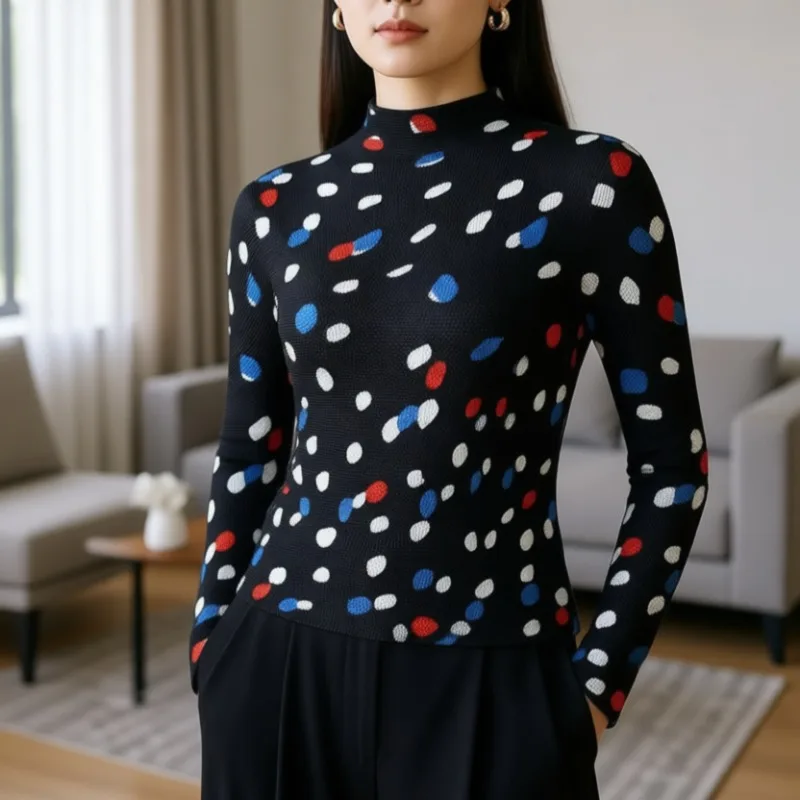 Miyake Women T-shirt Japanese Stretch Slim Thin Long-sleeved Pleated Bottoming Shirt 2026 Spring New Half-high Neck Printed Tops
Miyake Women T-shirt Japanese Stretch Slim Thin Long-sleeved Pleated Bottoming Shirt 2026 Spring New Half-high Neck Printed Tops