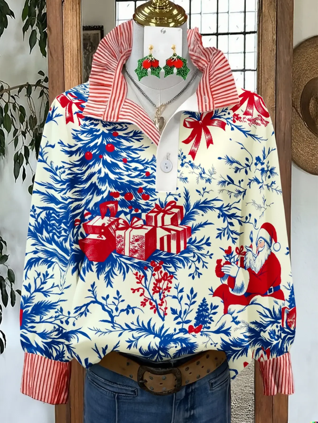 Women's winter holiday printed button up cardigan - long sleeved stand up collar pullover,
Women's winter holiday printed button up cardigan - long sleeved stand up collar pullover,