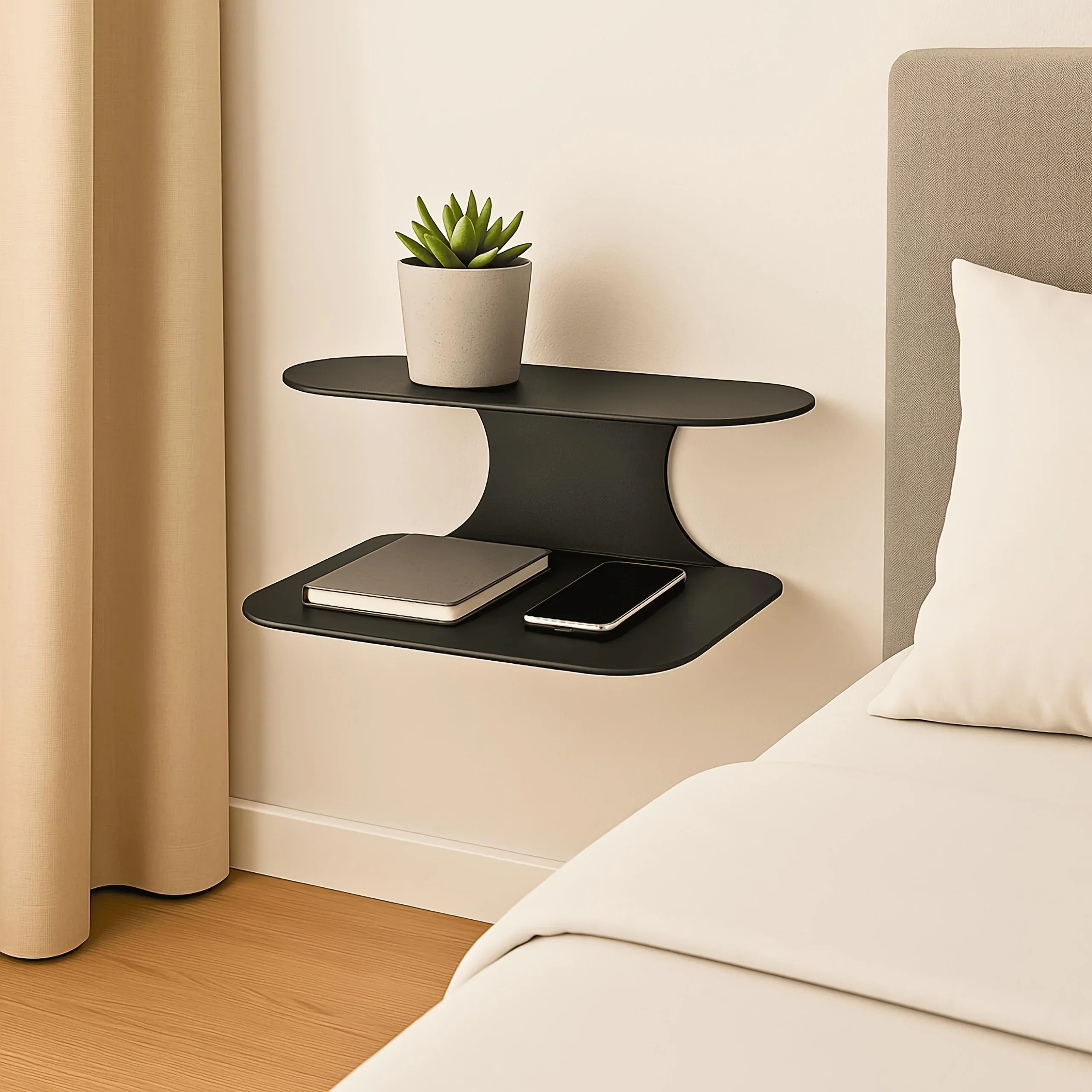 Black metal bedside table bedroom wall mounted modern floating rack decorative rack for placing mobile phones and books
Black metal bedside table bedroom wall mounted modern floating rack decorative rack for placing mobile phones and books