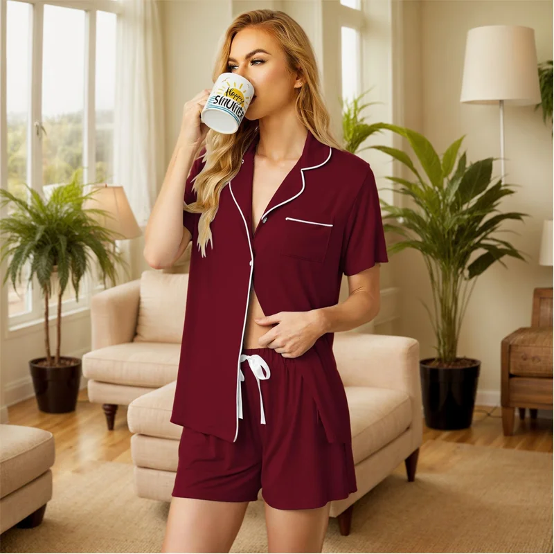 Summer Women's Pajamas Set Short-sleeved Shorts Two-piece Button-up Top Soft Home Wear Pajamas for Women
Summer Women's Pajamas Set Short-sleeved Shorts Two-piece Button-up Top Soft Home Wear Pajamas for Women