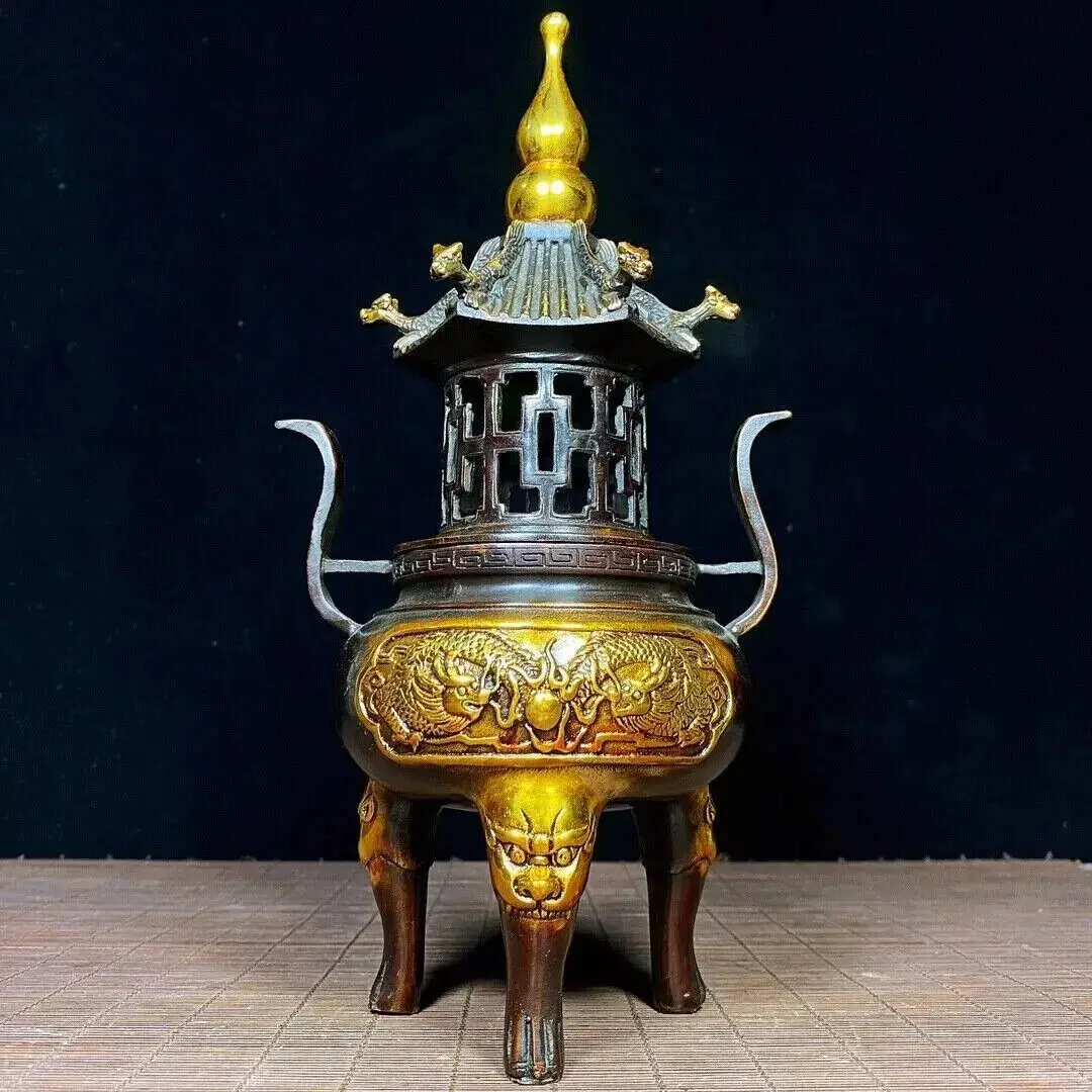 9.05" Chian Antique Gilt copper Ssangyong tower furnace Incense Burners
9.05" Chian Antique Gilt copper Ssangyong tower furnace Incense Burners