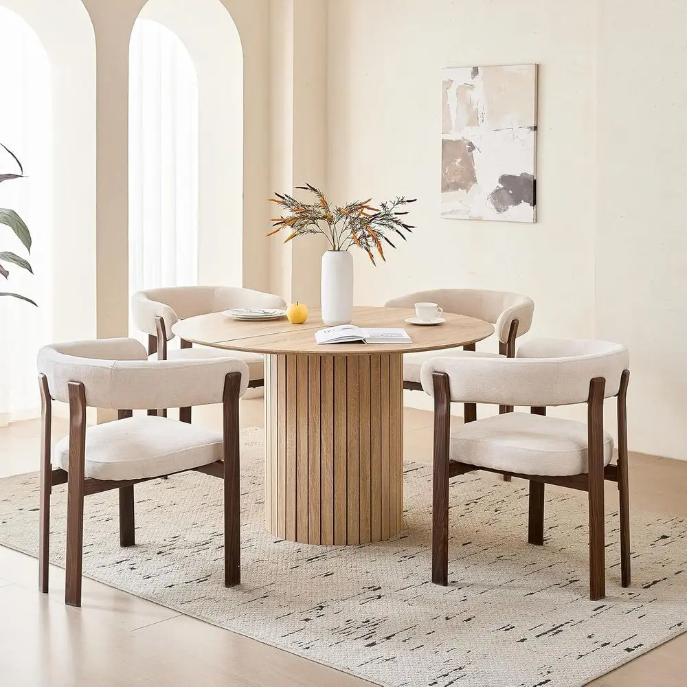 47 Circular Dining Table with 4 Natural Wood Chairs and Beige Upholstered Seats
47 Circular Dining Table with 4 Natural Wood Chairs and Beige Upholstered Seats