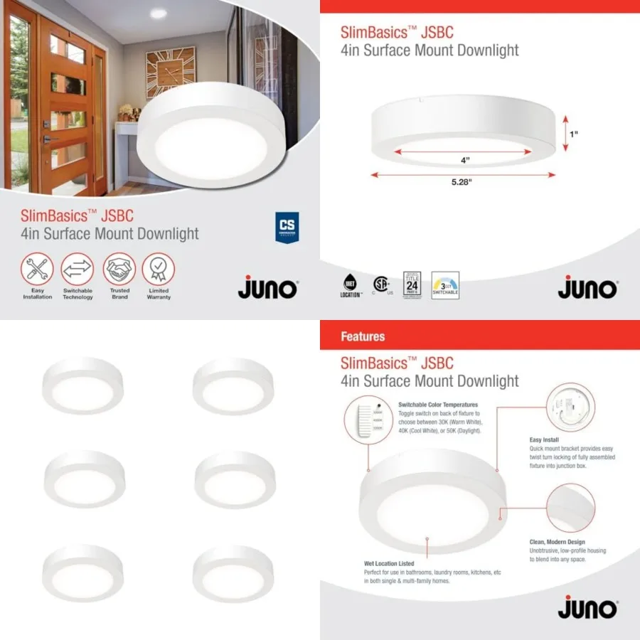 Slim Basics 4 Inch LED Ceiling Light, Low Profile Surface Mount Downlight for Shower or Closet Lighting, 3000K/4000K/5000K Sele
Slim Basics 4 Inch LED Ceiling Light, Low Profile Surface Mount Downlight for Shower or Closet Lighting, 3000K/4000K/5000K Sele