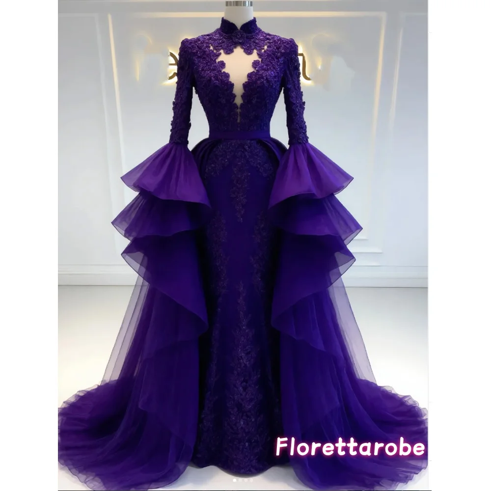 Customized Luxury High Neck Prom Dress Flare Sleeves Sparkly Mermaid Applique Lace Evening Gown Long Party Gown
Customized Luxury High Neck Prom Dress Flare Sleeves Sparkly Mermaid Applique Lace Evening Gown Long Party Gown