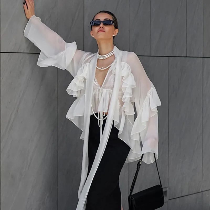 Talenza White Ruffle Shirt Women's Sexy See Through Ribbon Lace-up Casual Blouses Summer Elegant New Patchwork Female Shirt 2025
Talenza White Ruffle Shirt Women's Sexy See Through Ribbon Lace-up Casual Blouses Summer Elegant New Patchwork Female Shirt 2025