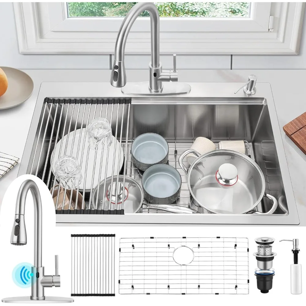 Kitchen sink, 33x22 inch embedded, with contactless faucet combination, stainless steel single bowl, 10 inch deep, kitchen sink
Kitchen sink, 33x22 inch embedded, with contactless faucet combination, stainless steel single bowl, 10 inch deep, kitchen sink
