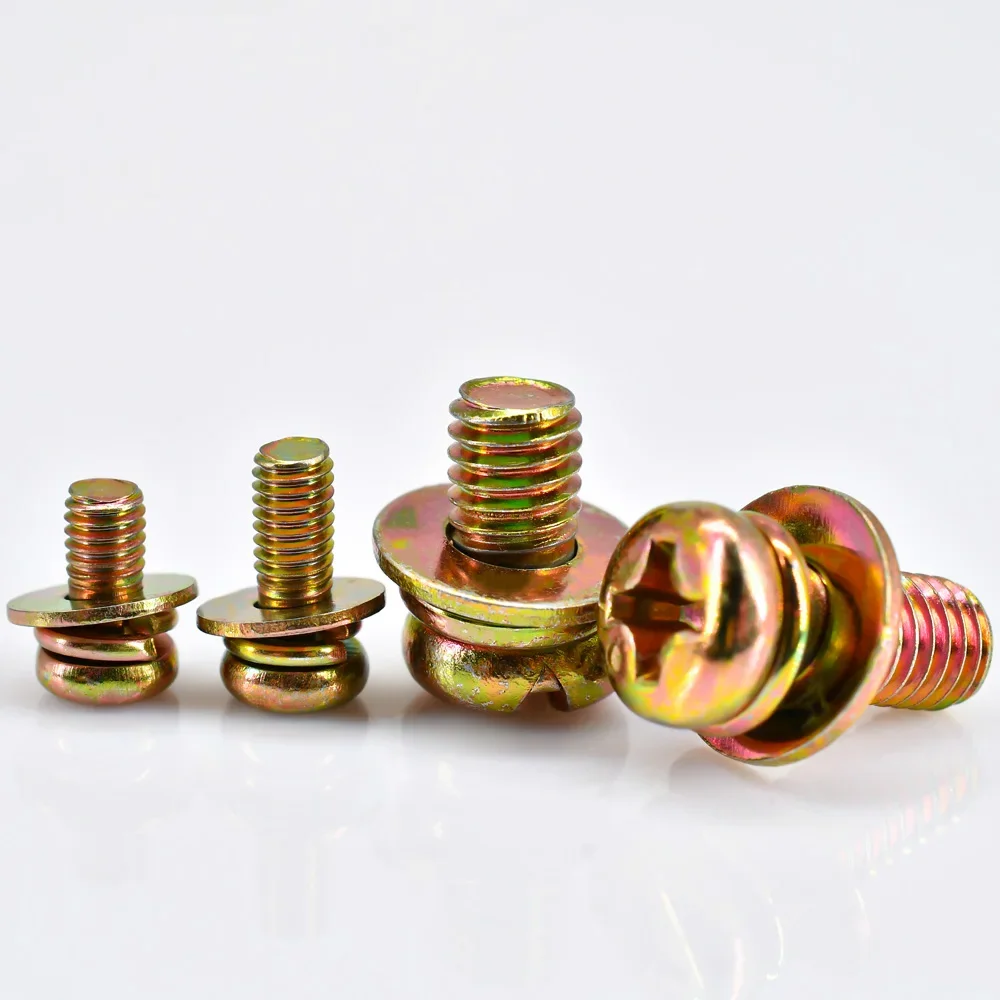 Color Zinc Plated Carbon Steel 3-in-1 Combination Screw Phillips Round Head Fastener with Flat Washer and Spring Washer
Color Zinc Plated Carbon Steel 3-in-1 Combination Screw Phillips Round Head Fastener with Flat Washer and Spring Washer