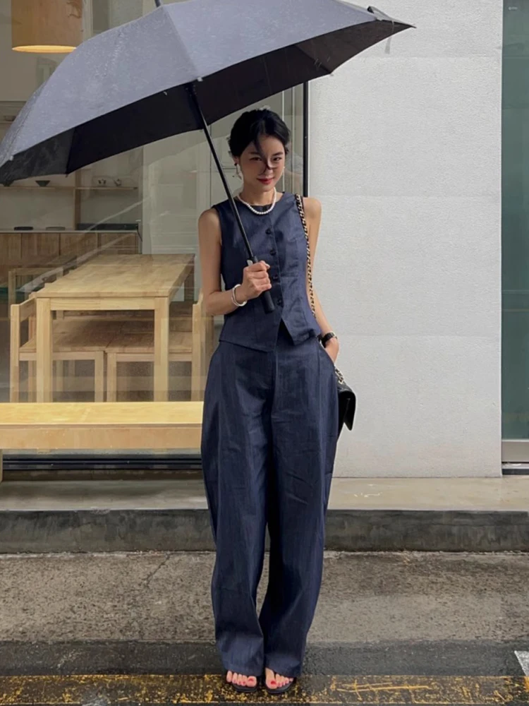 Ele утягивающий жилет с высокой талией и широкими штанинами, повседневные брюки, комплект из двух предметов, женский летний наряд из смеси хлопка
Ele утягивающий жилет с высокой талией и широкими штанинами, повседневные брюки, комплект из двух предметов, женский летний наряд из смеси хлопка