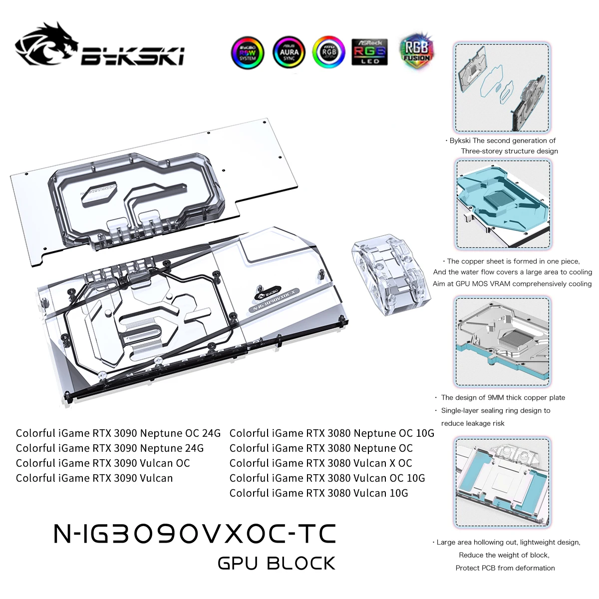 Bykski GPU Water Cooling Block Active Waterway Backplane Cooler for Colorful IGame RTX 3090 3080 Neptune/Vulcan N-IG3090VXOC-TC
Bykski GPU Water Cooling Block Active Waterway Backplane Cooler for Colorful IGame RTX 3090 3080 Neptune/Vulcan N-IG3090VXOC-TC