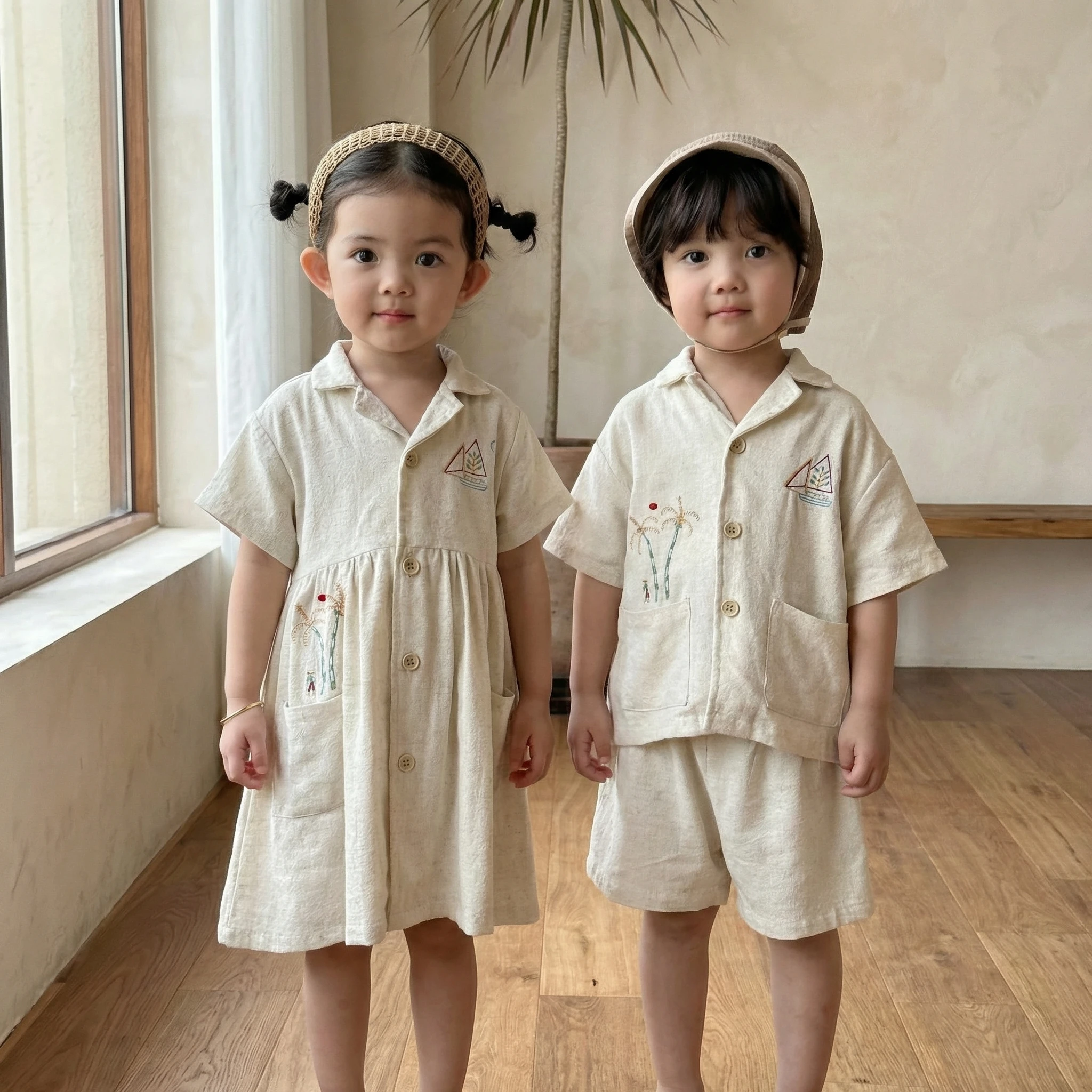 Summer New Vacation Style Children Linen Set Girls Sailboat Embroidery Aline Dress Boys Palm Tree Tee+Shorts 2Pcs Clothes
Summer New Vacation Style Children Linen Set Girls Sailboat Embroidery Aline Dress Boys Palm Tree Tee+Shorts 2Pcs Clothes