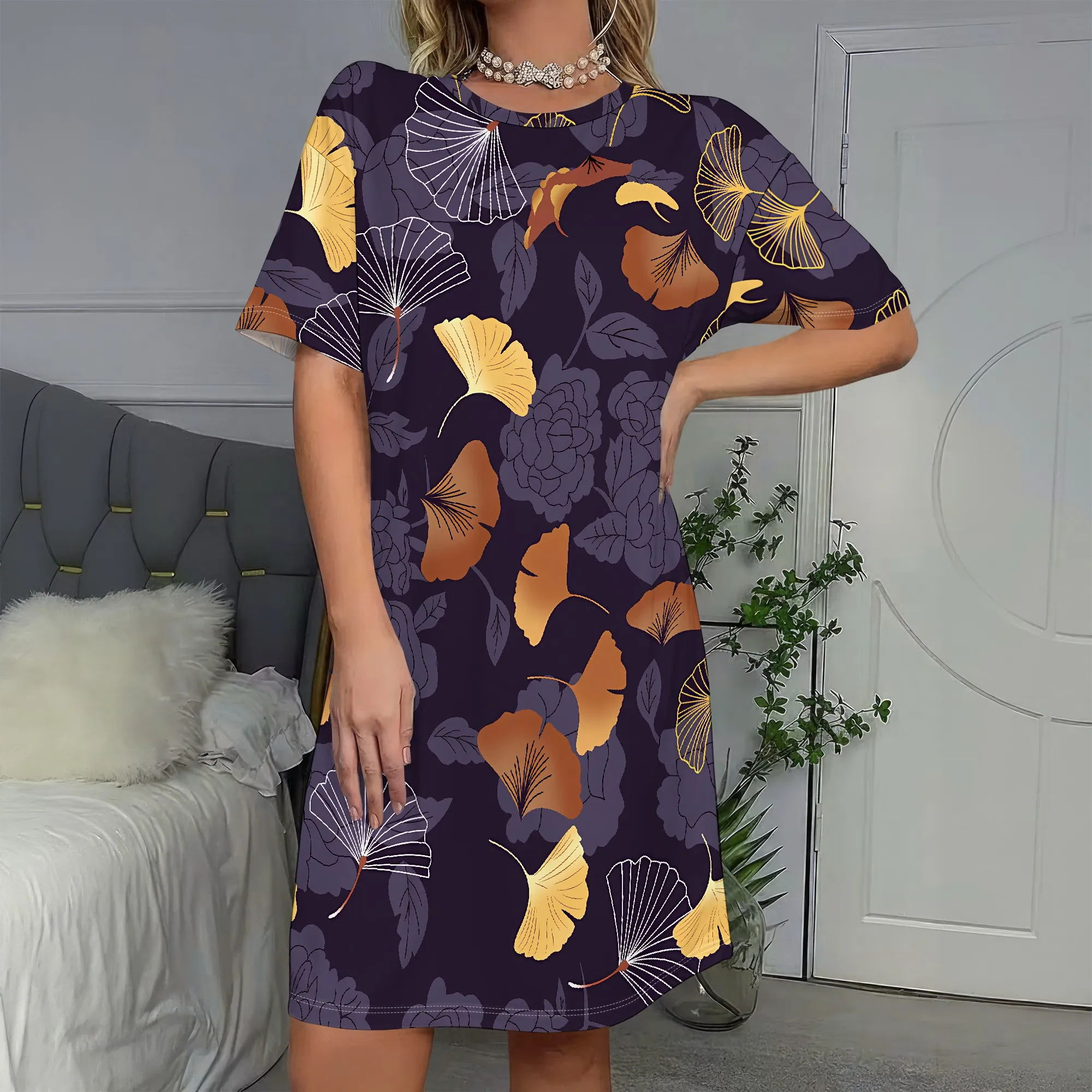 Botanical Leaf Print Dress, Ginkgo Pattern Tunic, Floral Short Sleeve Shift, Navy & Gold Summer Casual Wear, S-2XL
Botanical Leaf Print Dress, Ginkgo Pattern Tunic, Floral Short Sleeve Shift, Navy & Gold Summer Casual Wear, S-2XL