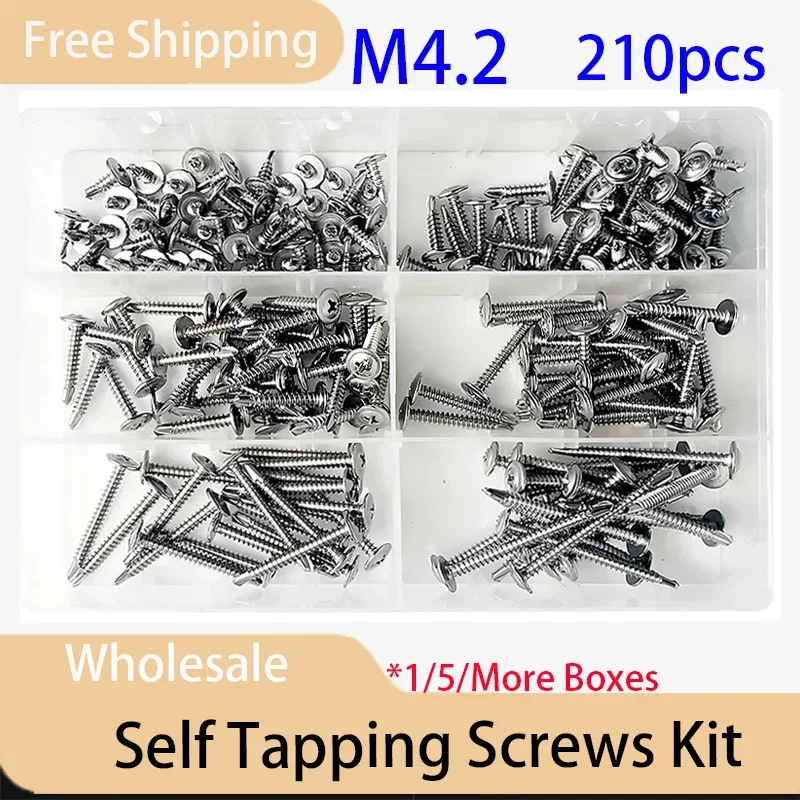 210pcs/Box Self-tapping Screw Thread Self Tapping Bolt Stainless Steel Cross Wood Screws Pan Head M4.2 Dovetail Screw
210pcs/Box Self-tapping Screw Thread Self Tapping Bolt Stainless Steel Cross Wood Screws Pan Head M4.2 Dovetail Screw