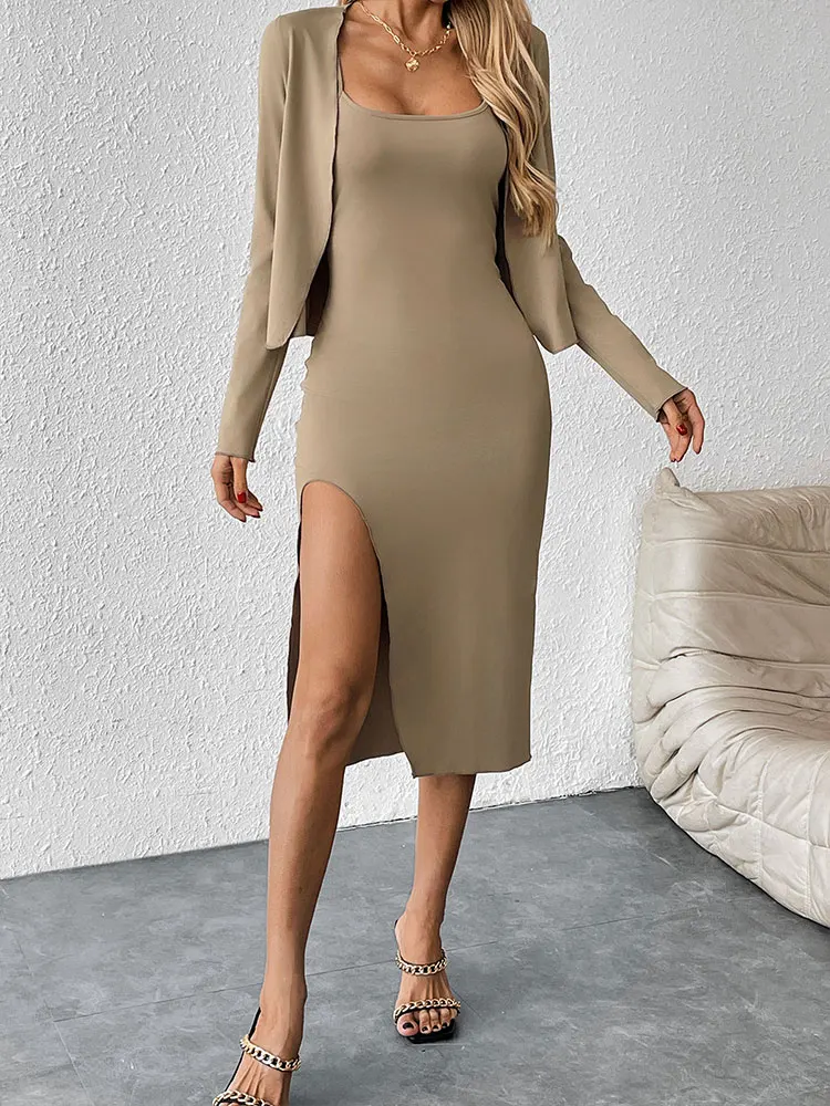 Spring New Women's T-shirt Dresses Fashion Casual Slim Two Piece Solid Sexy Cardigan Tees Split Dresses Female Elegant Clothing
Spring New Women's T-shirt Dresses Fashion Casual Slim Two Piece Solid Sexy Cardigan Tees Split Dresses Female Elegant Clothing