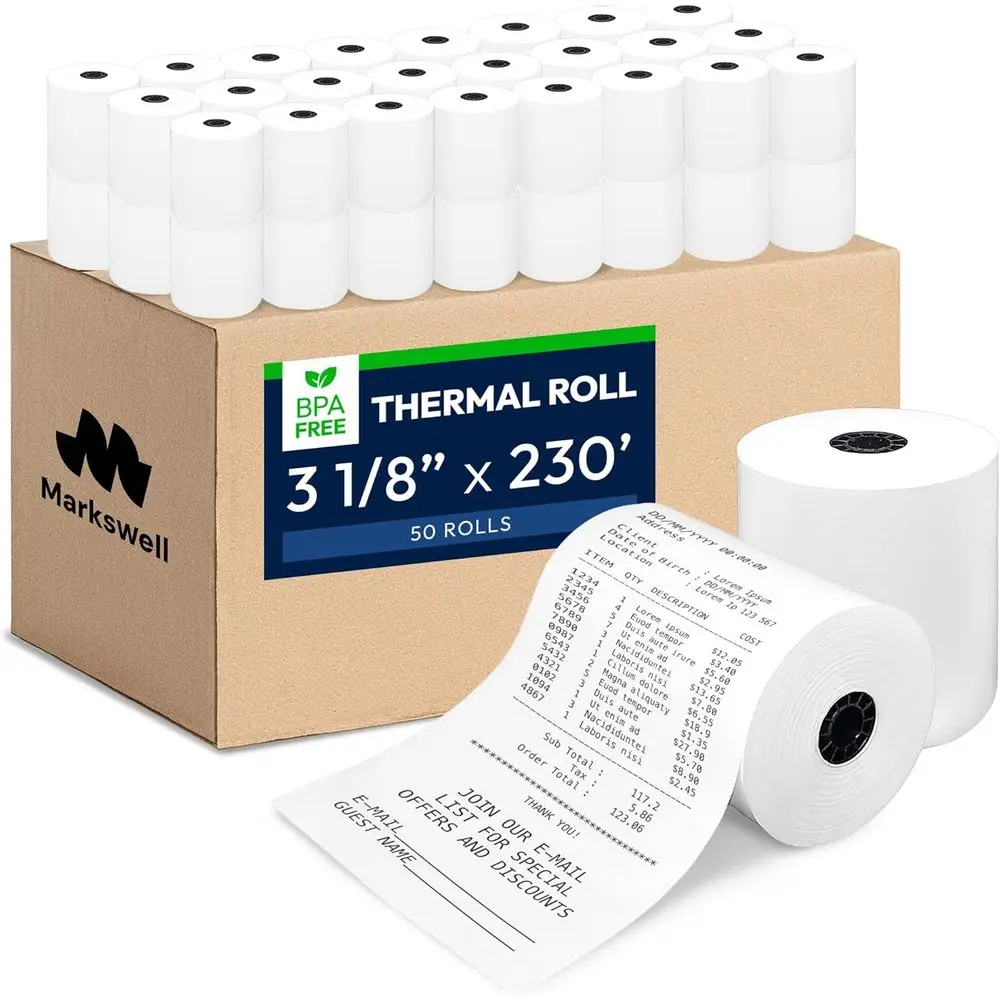 230ft 3.125 Thermal Receipt Paper, 50 Rolls, 48 GSM, BPA-Free, for POS and Thermal Printers
230ft 3.125 Thermal Receipt Paper, 50 Rolls, 48 GSM, BPA-Free, for POS and Thermal Printers