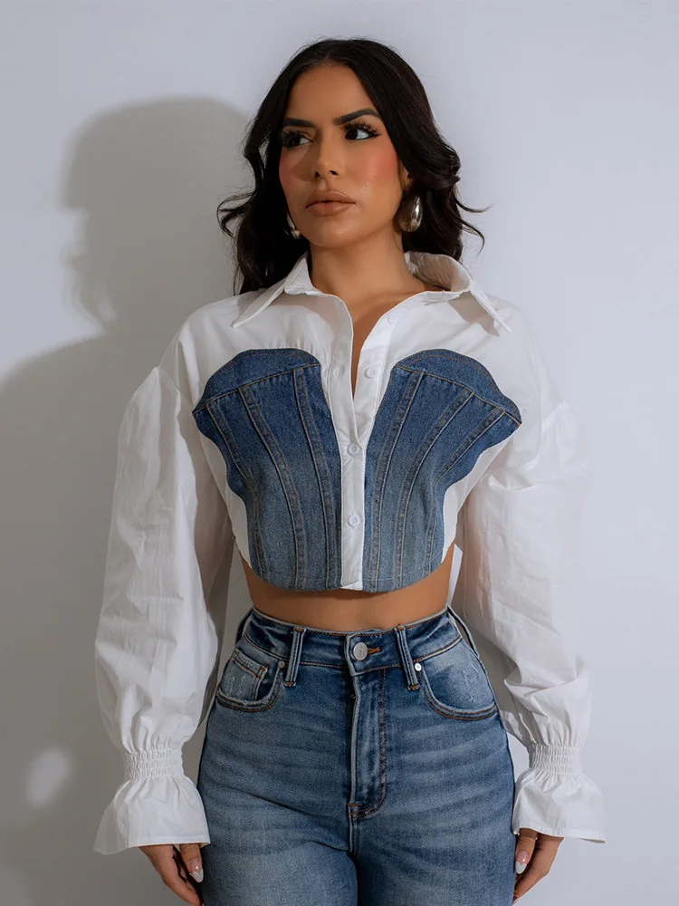 Повседневный джинсовый кроп-топ в стиле пэчворк для женщин, с длинными рукавами, открывающий живот, для летнего повседневного образа, модный женский топ
Повседневный джинсовый кроп-топ в стиле пэчворк для женщин, с длинными рукавами, открывающий живот, для летнего повседневного образа, модный женский топ