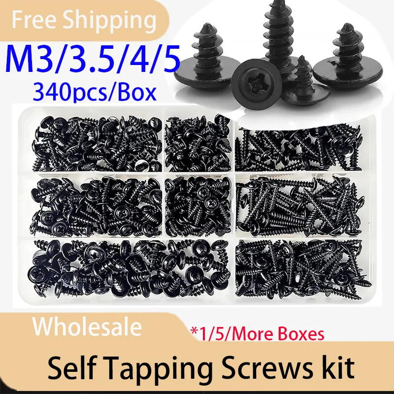 340pcs/Box Cross Head Self Tapping Screws Set Pan Head Tapping Screw Assortment Kit Black Furniture Carbon Steel M3/M3.5/M4/M5
340pcs/Box Cross Head Self Tapping Screws Set Pan Head Tapping Screw Assortment Kit Black Furniture Carbon Steel M3/M3.5/M4/M5