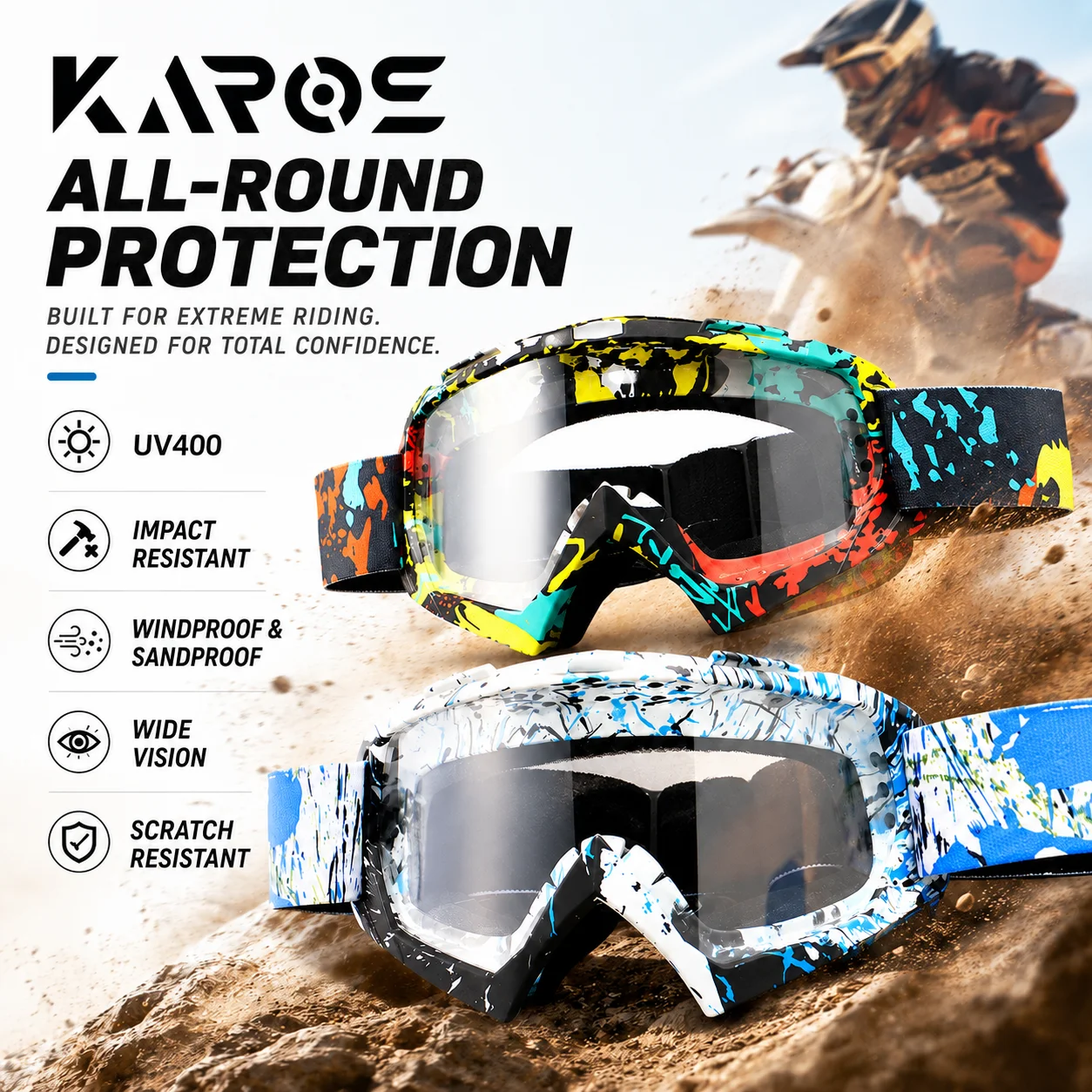 Karos Motocross Goggles UV400 Windproof Riding MX Helmets Motorcycle Glasses Broad Vision Off-road Sports Eyewear MTB ATV K363
Karos Motocross Goggles UV400 Windproof Riding MX Helmets Motorcycle Glasses Broad Vision Off-road Sports Eyewear MTB ATV K363
