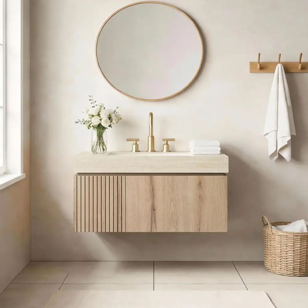 36 Floating Bathroom Vanity with Sink, Wall-Mounted Storage, Roma Travertine Countertop, 3 Faucet Holes, Light Oak Finish
36 Floating Bathroom Vanity with Sink, Wall-Mounted Storage, Roma Travertine Countertop, 3 Faucet Holes, Light Oak Finish