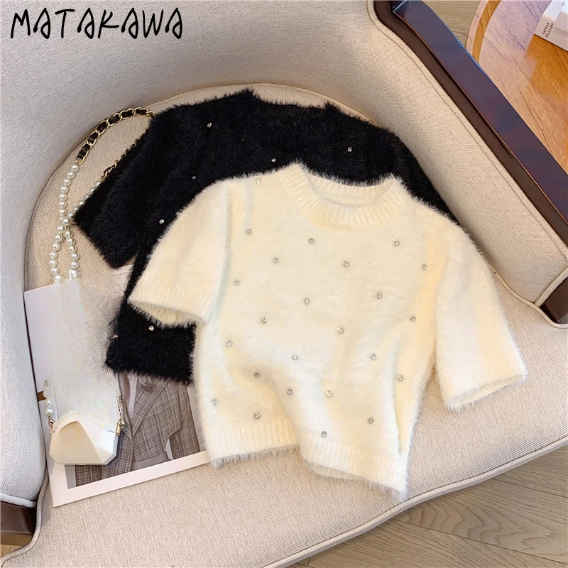Matakawa Autumn Pullovers Short Sleeve Solid Beading O Neck Korean Fashion Women Sweaters Basics Sweet Elegant Pull Femme
Matakawa Autumn Pullovers Short Sleeve Solid Beading O Neck Korean Fashion Women Sweaters Basics Sweet Elegant Pull Femme