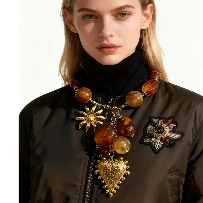 Vintage Amber Beaded Statement Necklace Stainless Steel Chain Flower Heart Sun Pendant Statement Necklace Chunky Tribal Jewelry
Vintage Amber Beaded Statement Necklace Stainless Steel Chain Flower Heart Sun Pendant Statement Necklace Chunky Tribal Jewelry