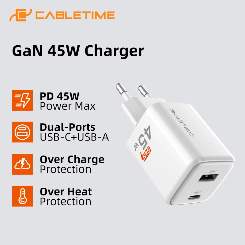 CABLETIME PD Charger GaN 45W PD QC 3.0 Fast Charger USB C Phone Charger Type C Quick Charging for iPhone 16 pro Macbook Laptop
CABLETIME PD Charger GaN 45W PD QC 3.0 Fast Charger USB C Phone Charger Type C Quick Charging for iPhone 16 pro Macbook Laptop