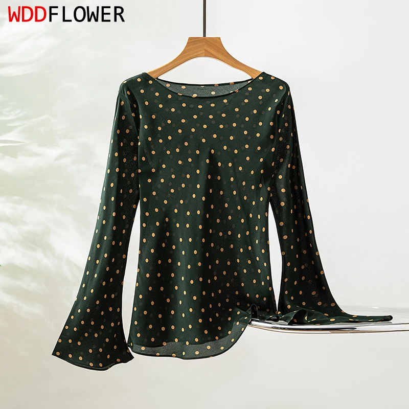 Women Silk Shirt 100% Mulberry Silk 16 Momm Crepe Silk Bias-cut Green Dots Printed Flared Long Sleeve Pullover Top Blouse QQ078
Women Silk Shirt 100% Mulberry Silk 16 Momm Crepe Silk Bias-cut Green Dots Printed Flared Long Sleeve Pullover Top Blouse QQ078