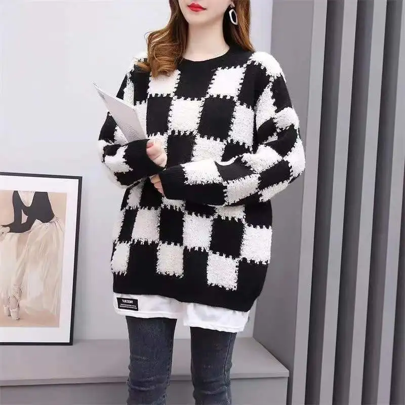 Chessboard check fake two piece sweater women autumn and winter loose bf loose wind medium long hooded pullover female top coat
Chessboard check fake two piece sweater women autumn and winter loose bf loose wind medium long hooded pullover female top coat