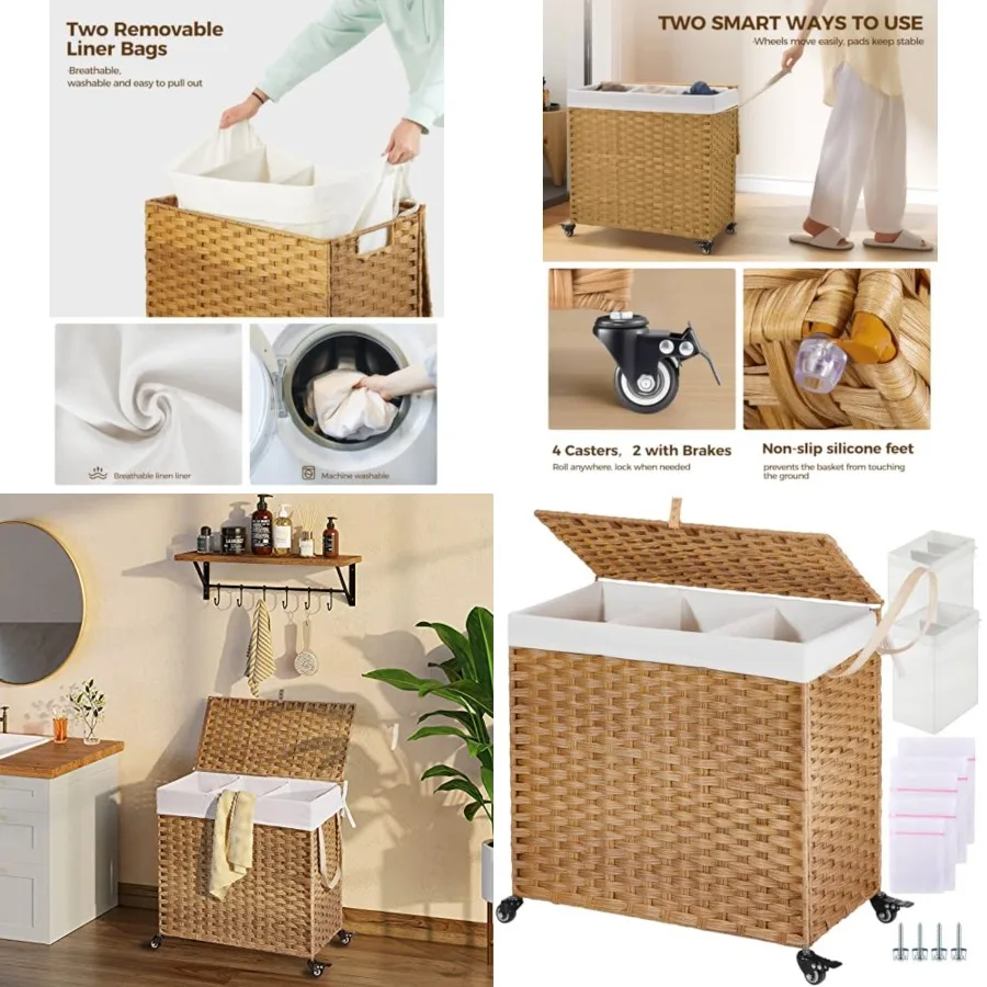 Laundry Hamper with WheelsLid, 130L Large 3 Sections Clothes Hamper with 2 Types Removable Ler Bags, 5 Mesh Laundry Bags, Handw
Laundry Hamper with WheelsLid, 130L Large 3 Sections Clothes Hamper with 2 Types Removable Ler Bags, 5 Mesh Laundry Bags, Handw