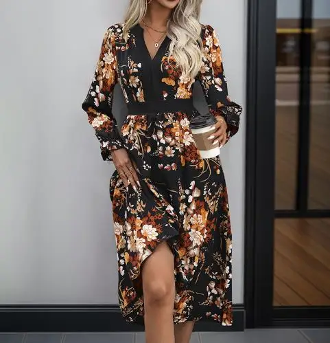 Women's Dress Spring and Summer New Fashionable Elegant Style Flower Print V-Neck High Waisted A-Line Long Sleeved Dress
Women's Dress Spring and Summer New Fashionable Elegant Style Flower Print V-Neck High Waisted A-Line Long Sleeved Dress