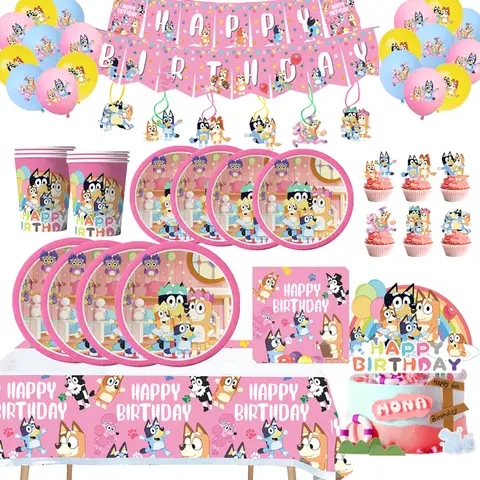 Pink Bluey Birthday Party Decoration Bingo Dog Disposable Tableware Set Paper Cup Plate Tablecloth Balloon Christmas Supplies Gi