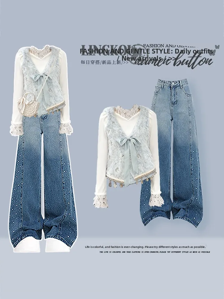Elegant Autumn Three-Piece Set Women's Knot Vest Base Shirt Gradient Denim Pants High Waist Long Sleeve round Neck
Elegant Autumn Three-Piece Set Women's Knot Vest Base Shirt Gradient Denim Pants High Waist Long Sleeve round Neck