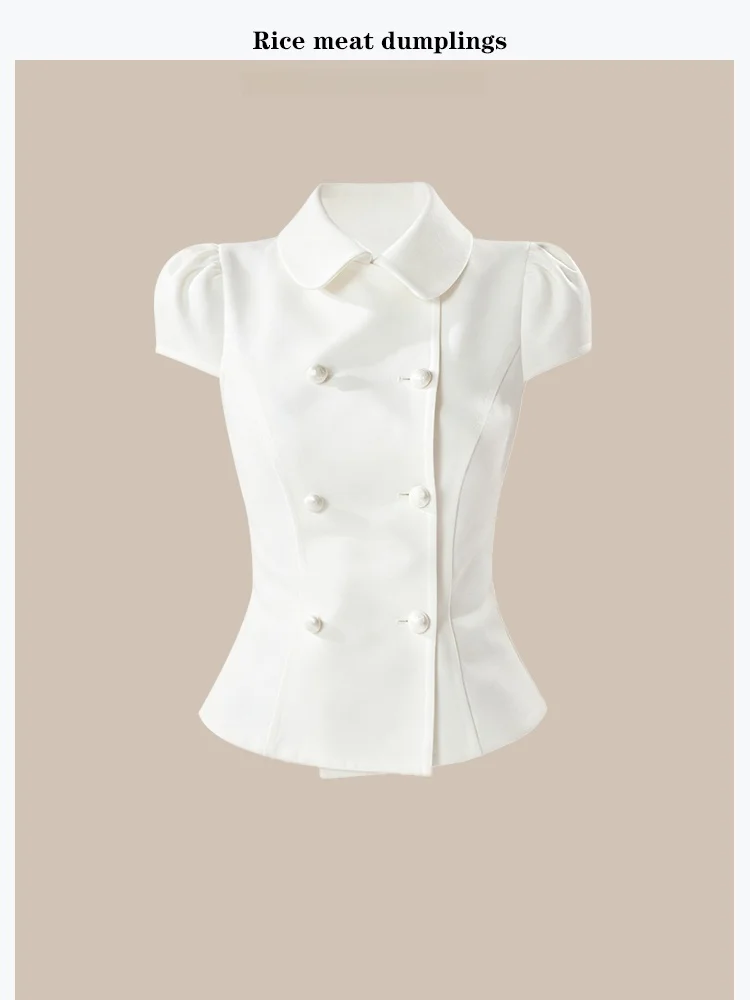 White Double-Breasted Short-Sleeve Denim Shirt Women's Summer Half Sleeve Doll Collar Top Korean Style Commute Polyester Fiber
White Double-Breasted Short-Sleeve Denim Shirt Women's Summer Half Sleeve Doll Collar Top Korean Style Commute Polyester Fiber