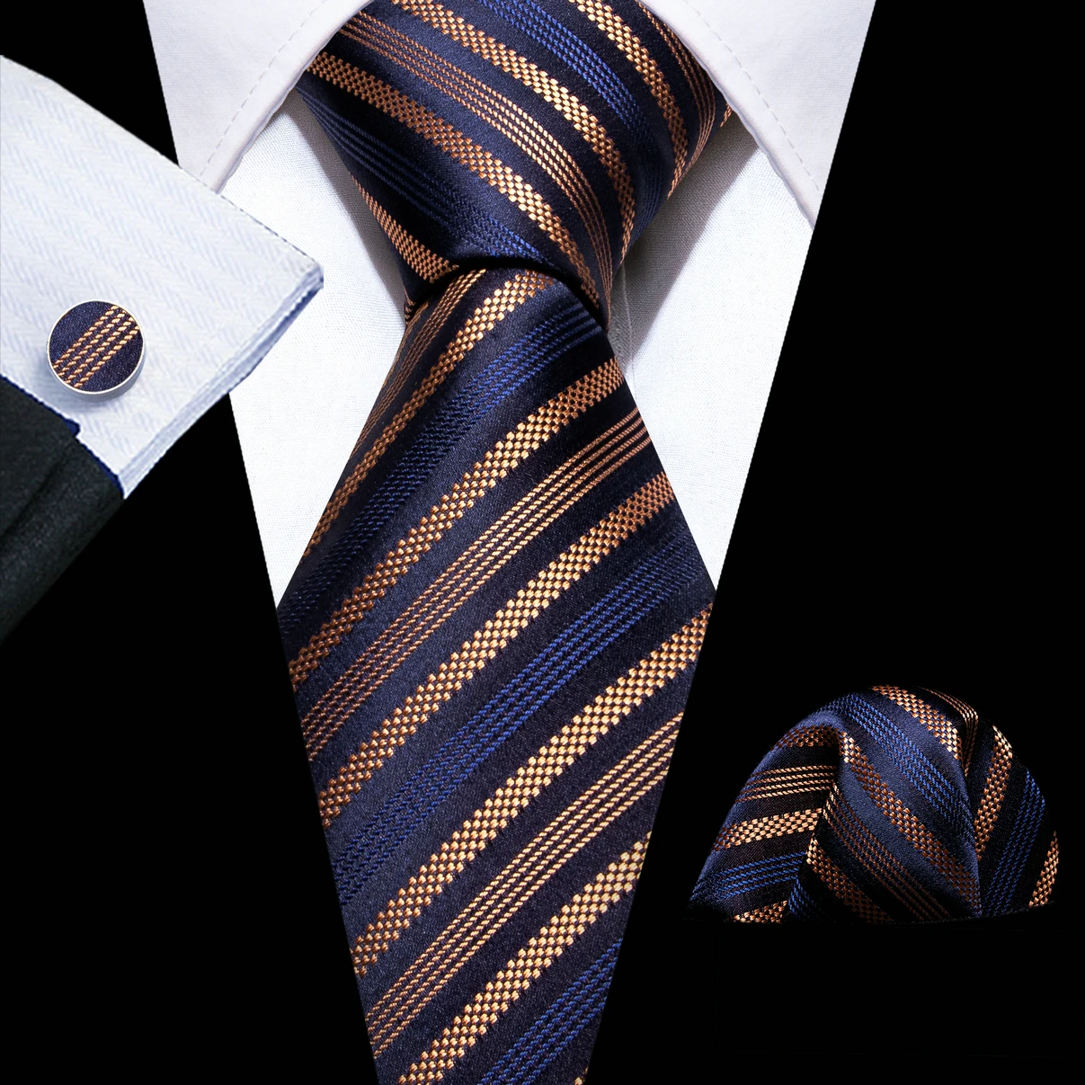 Designer Stripe Men Ties Navy Gold Retro Woven Neck-Tie Pocket Square Cufflinks Sets Wedding Gift Business Barry.Wang FA-6259
Designer Stripe Men Ties Navy Gold Retro Woven Neck-Tie Pocket Square Cufflinks Sets Wedding Gift Business Barry.Wang FA-6259