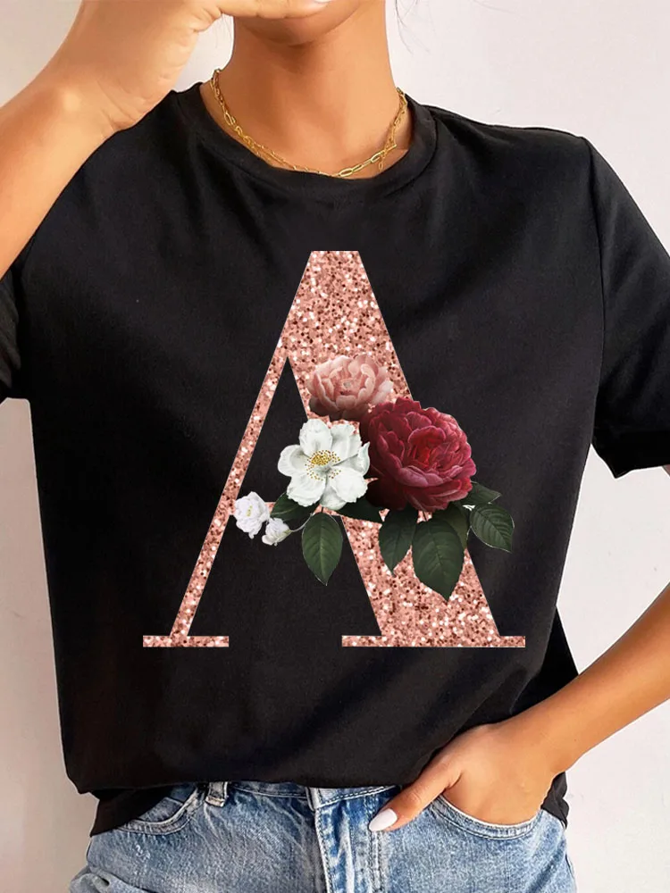 Custom Name Letter Combination Fashion Women T-shirt Rose Gold Flower Letter Font A B C D E Short Sleeve Tops Black T-shirt Tee
Custom Name Letter Combination Fashion Women T-shirt Rose Gold Flower Letter Font A B C D E Short Sleeve Tops Black T-shirt Tee