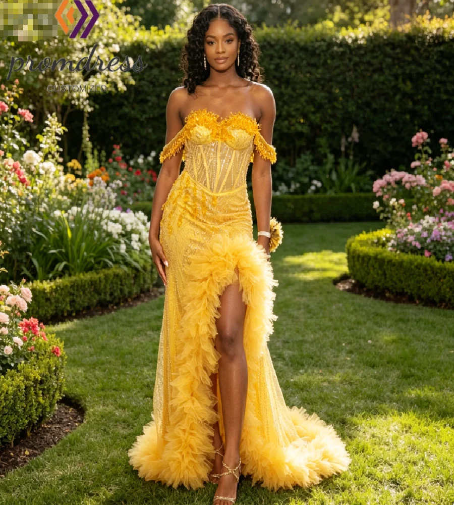 Luxury Butter Yellow Prom Dress For Black Girls Sequin Mermaid Crystal Evening Gowns With Slit Gorgeous Hem Ruffles Birthday
Luxury Butter Yellow Prom Dress For Black Girls Sequin Mermaid Crystal Evening Gowns With Slit Gorgeous Hem Ruffles Birthday