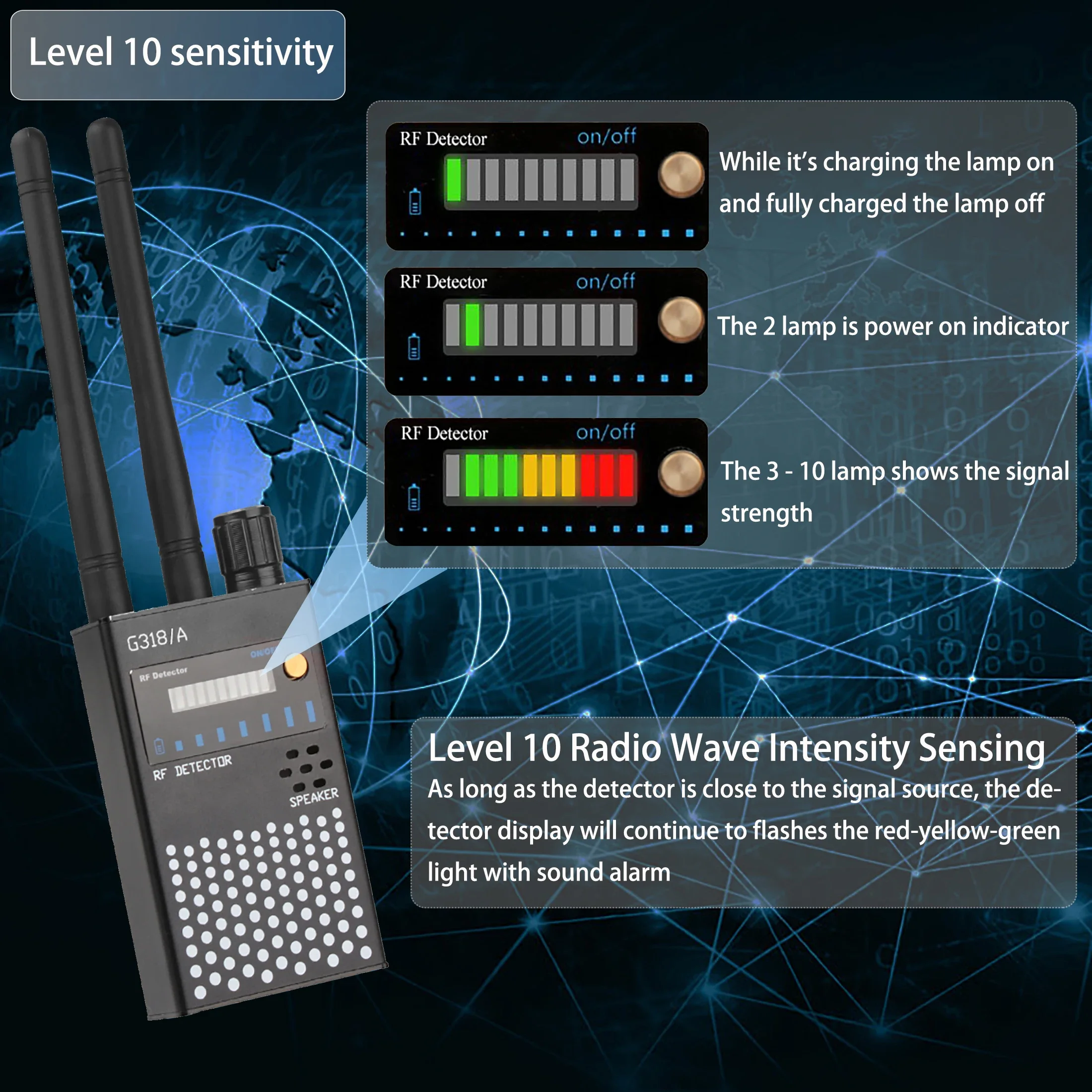 Anti-Spy Wireless RF Signal Automatic Detector Anti Candid Camera Detects GSM Audio Bug Finder GPS Locator Tracker Scanner G318A
Anti-Spy Wireless RF Signal Automatic Detector Anti Candid Camera Detects GSM Audio Bug Finder GPS Locator Tracker Scanner G318A