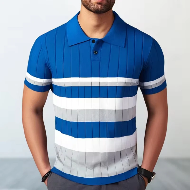 Men's Summer New Fashion Blue Striped Casual Business Trendy Slim T-shirts Turn-down Collar Short Sleeve T-shirts Male Clothes
Men's Summer New Fashion Blue Striped Casual Business Trendy Slim T-shirts Turn-down Collar Short Sleeve T-shirts Male Clothes