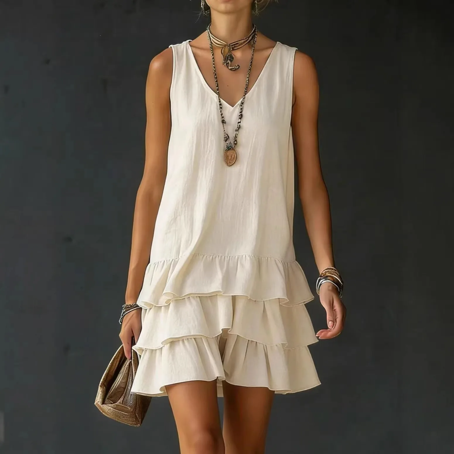 Beach Casual Loose Mini Dress 2026 Summer Simple Dress Women's Elegant V-neck Sleeveless Loose Layered Ruffle Edge Vest Dress
Beach Casual Loose Mini Dress 2026 Summer Simple Dress Women's Elegant V-neck Sleeveless Loose Layered Ruffle Edge Vest Dress
