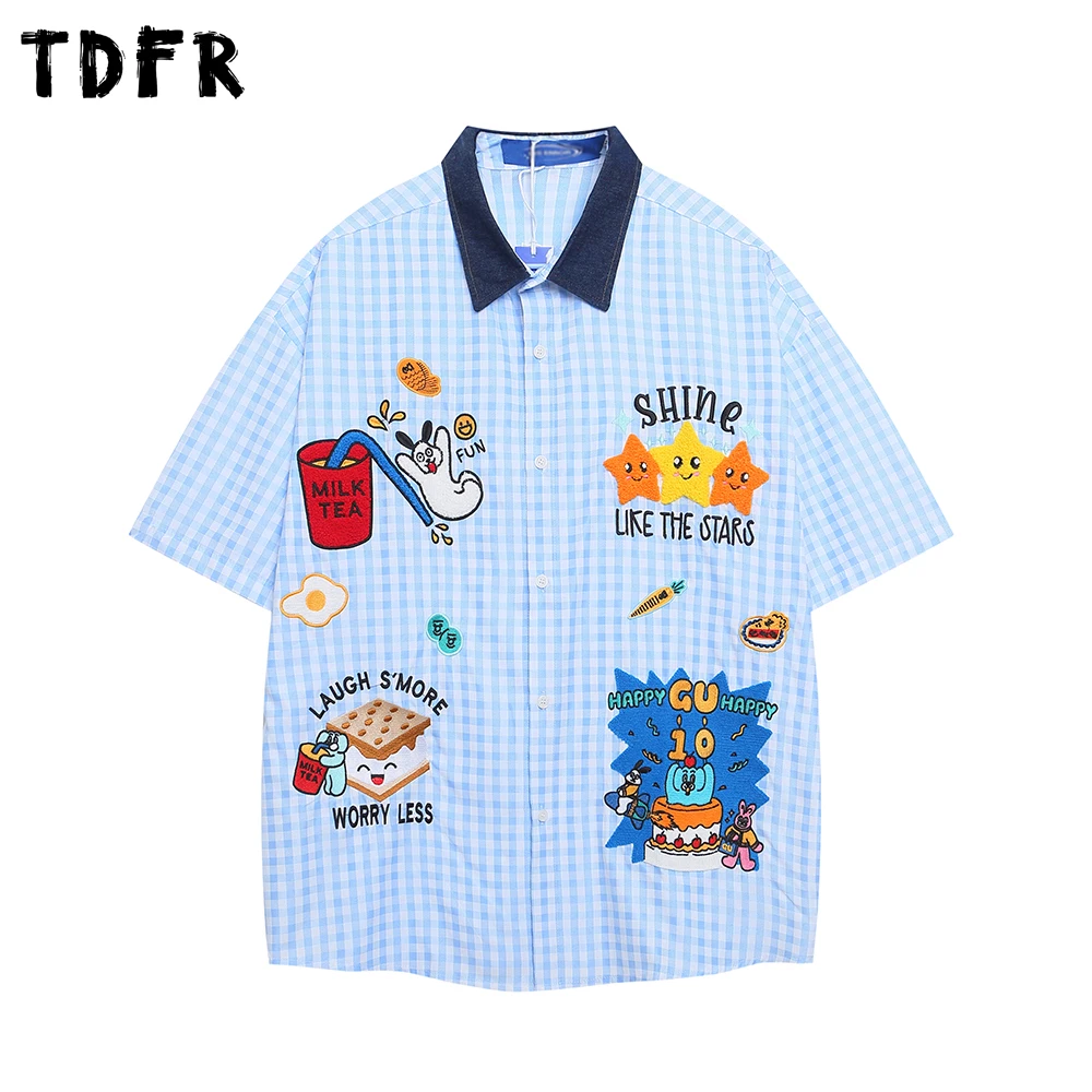 Cartoon Embroidery Plaid Short Sleeve Shirts Mens Summer Vintage Streetwear Loose Spliced Lapel Single Breasted Shirts Men
Cartoon Embroidery Plaid Short Sleeve Shirts Mens Summer Vintage Streetwear Loose Spliced Lapel Single Breasted Shirts Men