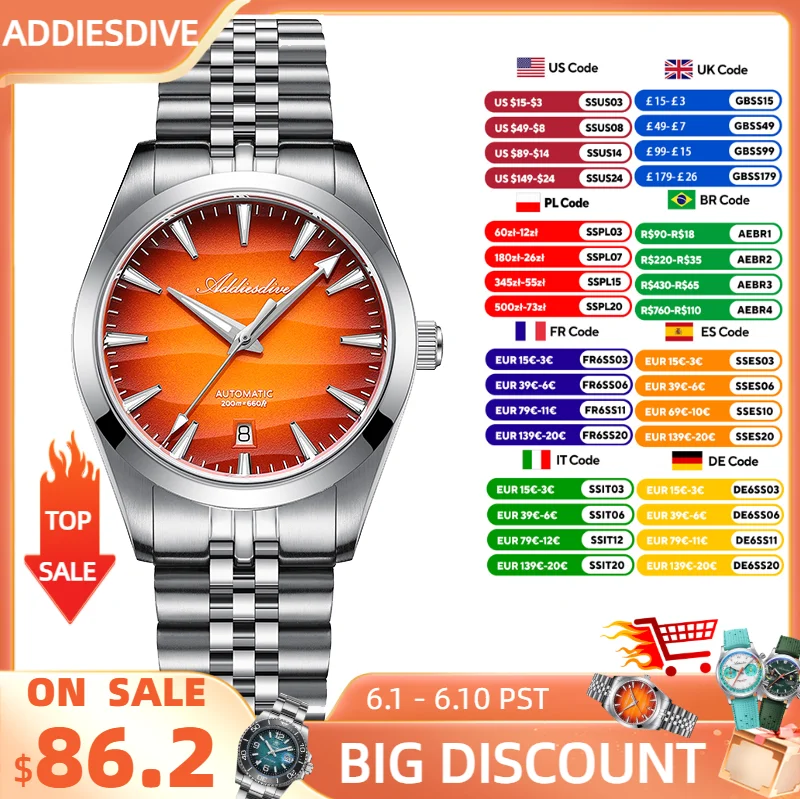 ADDIESDIVE Watch 2026 New Men Automatic Watches 8215 Mechanical Sapphire Sand Dial Luminous Waterproof 200m Diving Wristwatch
ADDIESDIVE Watch 2026 New Men Automatic Watches 8215 Mechanical Sapphire Sand Dial Luminous Waterproof 200m Diving Wristwatch