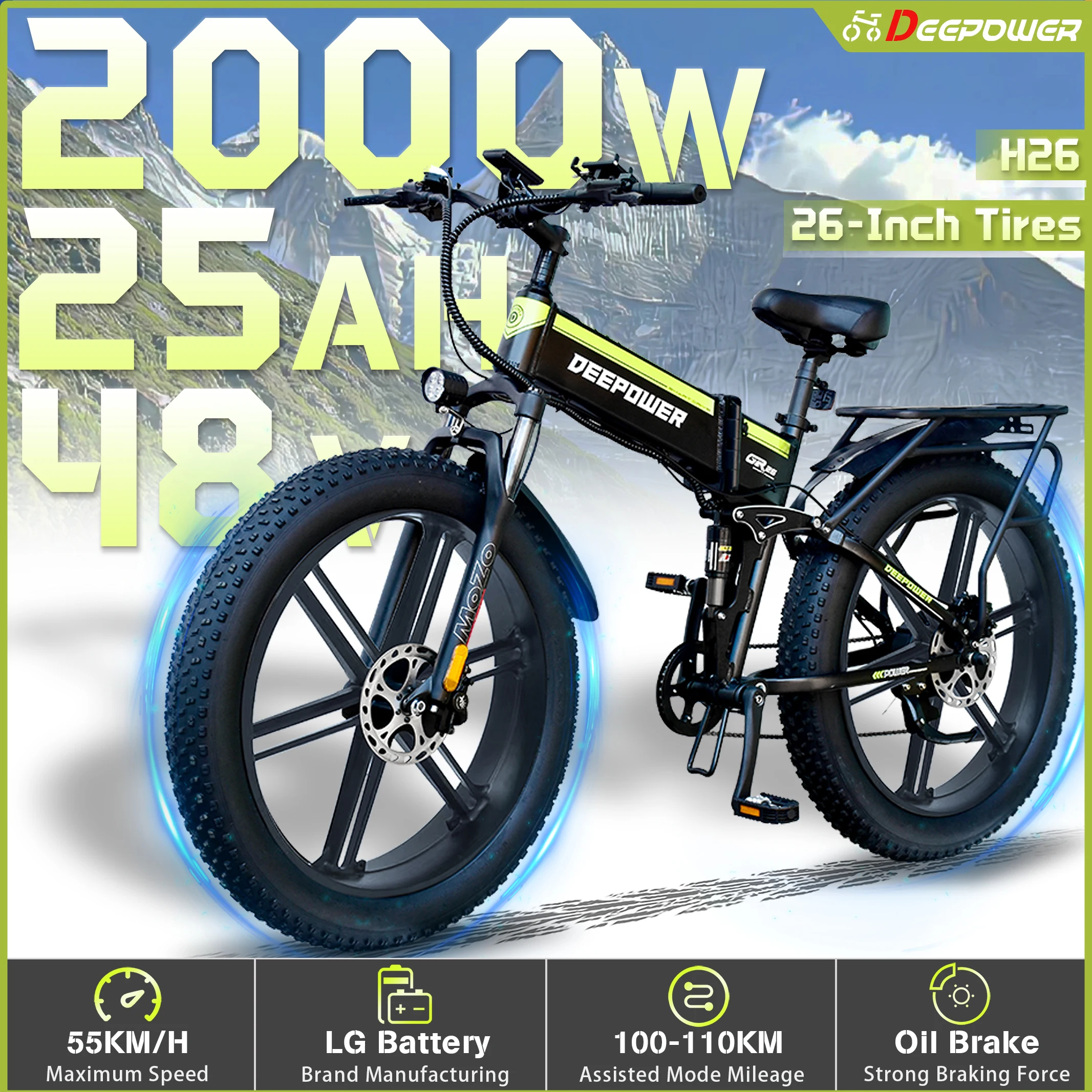 DEEPOWER H26 2000W Electric bikes 48V 25AH LG Battery 26-inch fat ebike Adults Mountain folding Outdoor Off-Road Electric bike
DEEPOWER H26 2000W Electric bikes 48V 25AH LG Battery 26-inch fat ebike Adults Mountain folding Outdoor Off-Road Electric bike