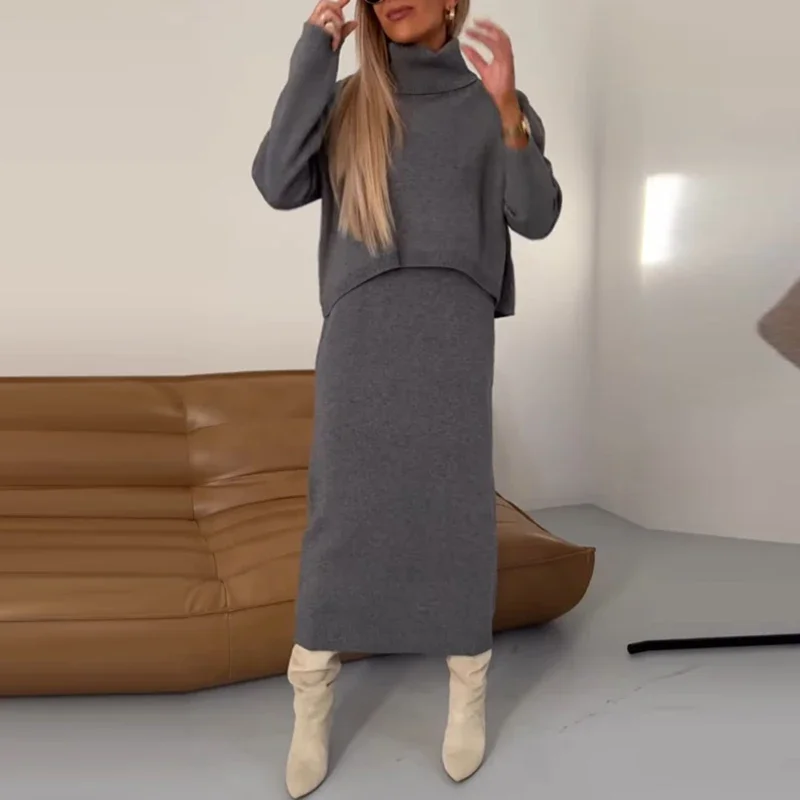 Winter Elegant Solid Color Sleeveless Dress Match Long Sleeve Sweater Tops Women's New Knitted Turtleneck Wrap Hip Dress 2pc Set
Winter Elegant Solid Color Sleeveless Dress Match Long Sleeve Sweater Tops Women's New Knitted Turtleneck Wrap Hip Dress 2pc Set