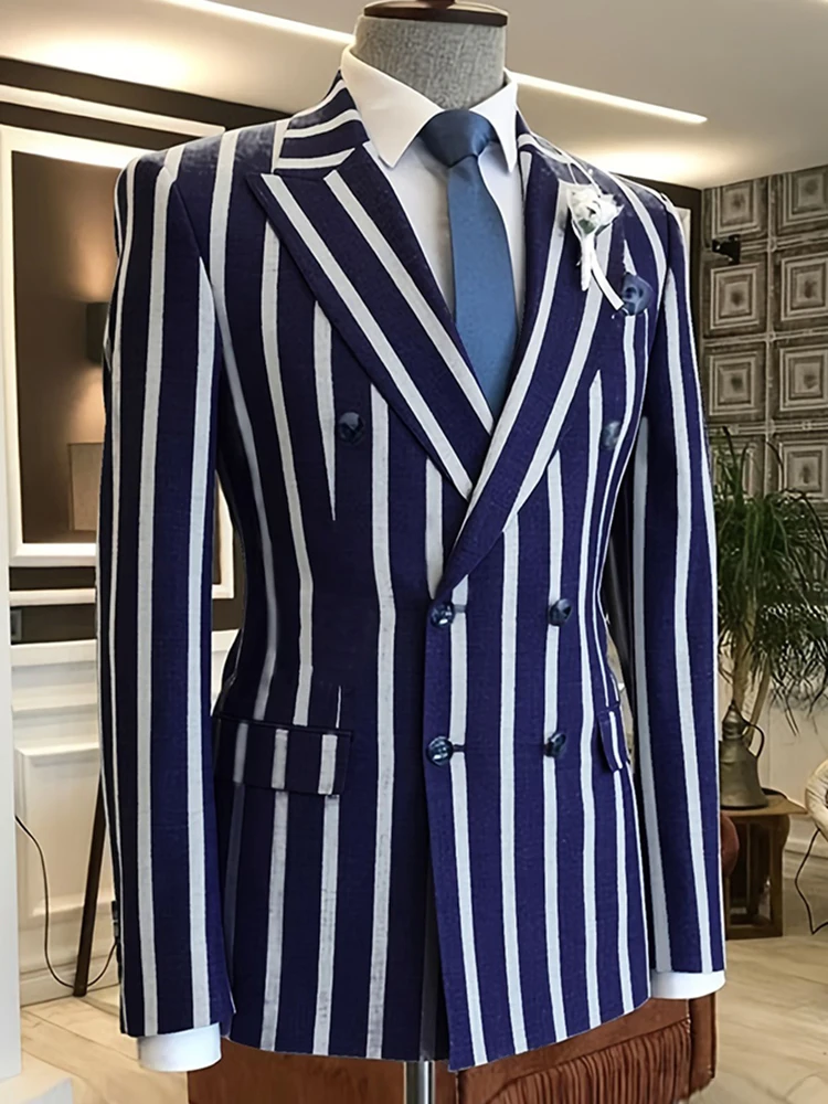 Men Stylish Blue White Striped Blazer Double-breasted Lapel Straight Business Attire For Male Evening Prom Office Suit Jackets
Men Stylish Blue White Striped Blazer Double-breasted Lapel Straight Business Attire For Male Evening Prom Office Suit Jackets